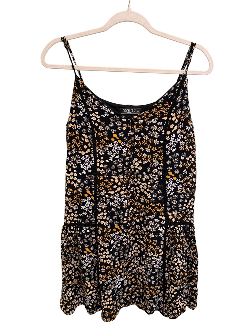 BE COOL Black Floral Dress with White & Tan Ditsy Print (Size Medium)